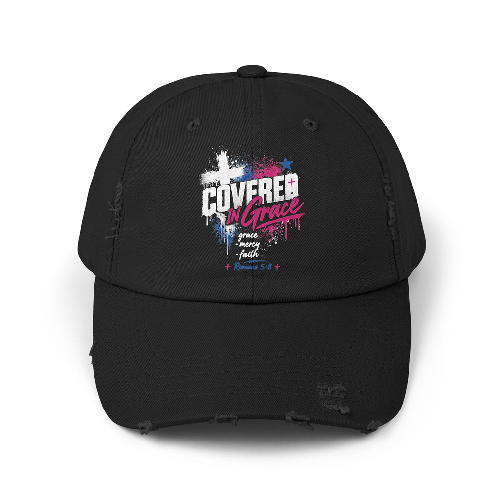 Distressed Baseball Cap — 'Covered In Grace' Retro Paint-Splash Design