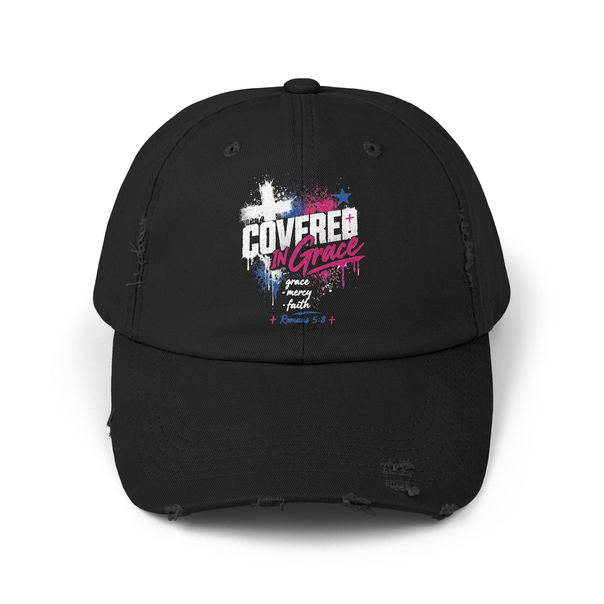 Distressed Baseball Cap — 'Covered In Grace' Retro Paint-Splash Design