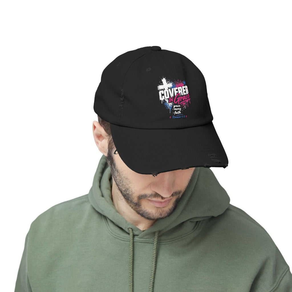 Distressed Baseball Cap — 'Covered In Grace' Retro Paint-Splash Design