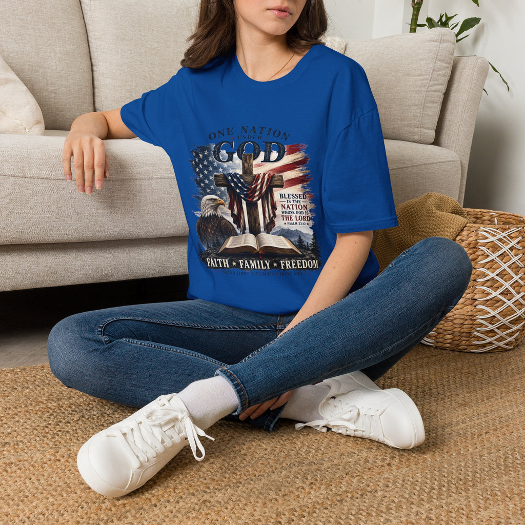 One Nation Under God T-Shirt — Patriotic American Flag Cross Design