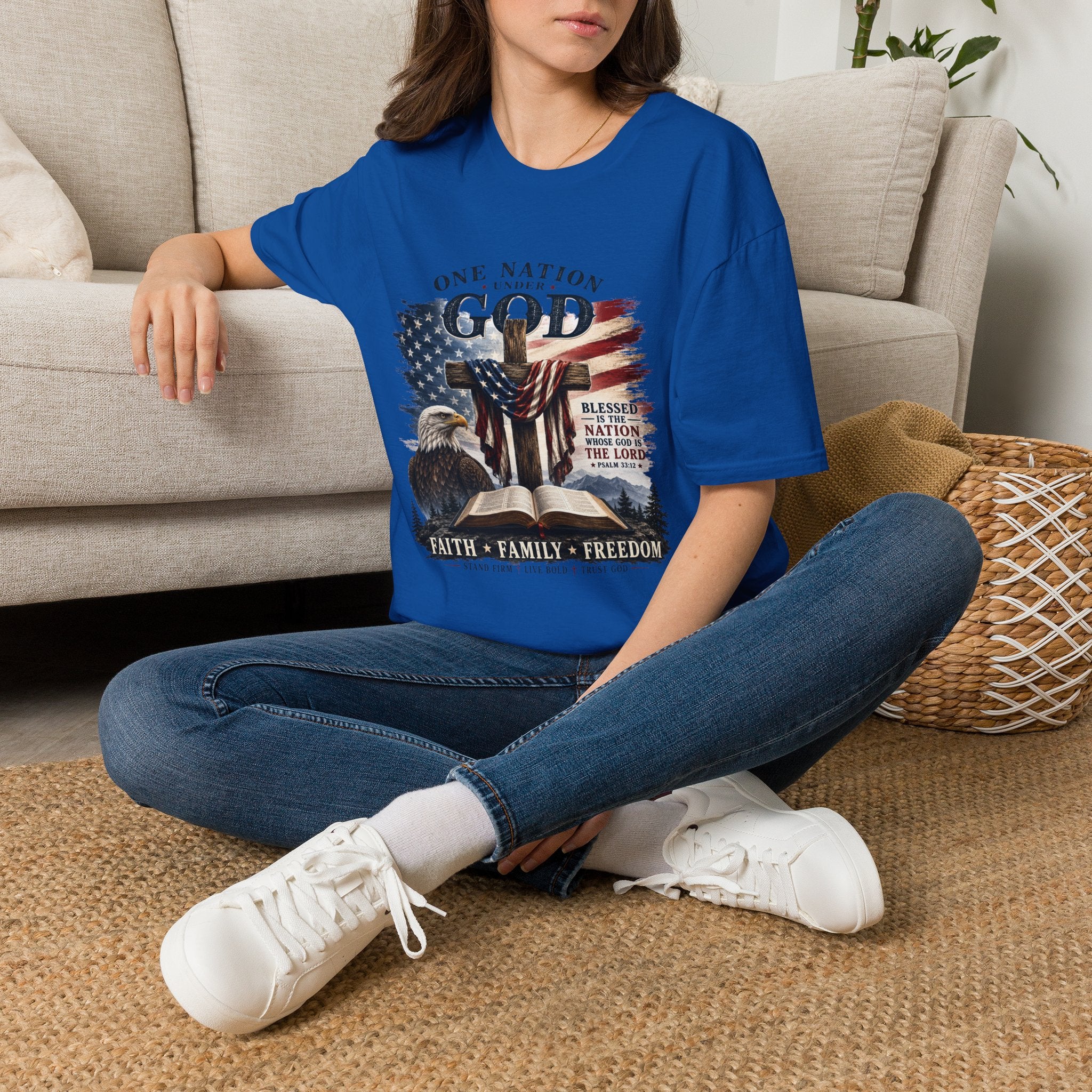 One Nation Under God T-Shirt — Patriotic American Flag Cross Design