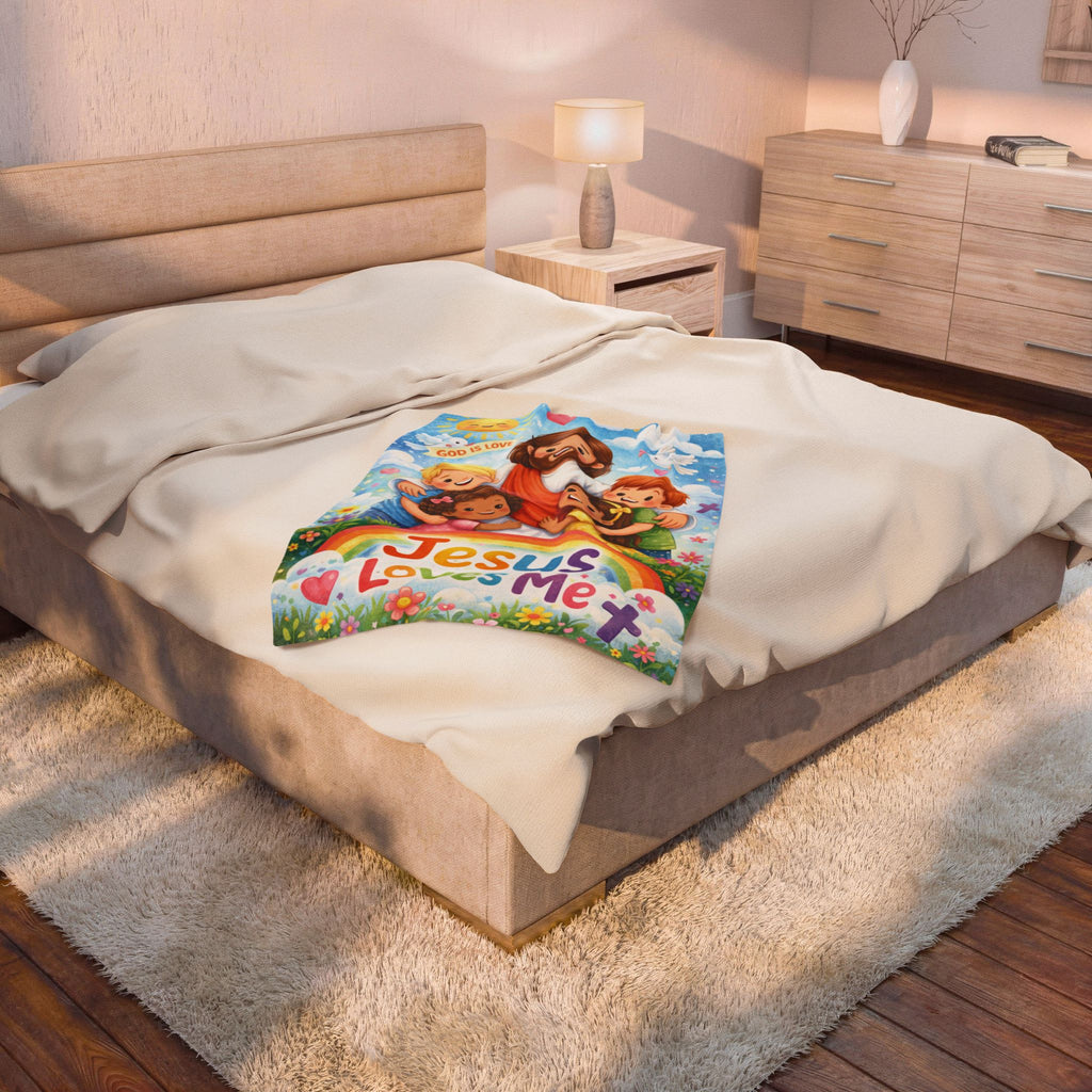 Kids' Jesus Loves Me Velveteen Plush Blanket – Christian Nursery Gift